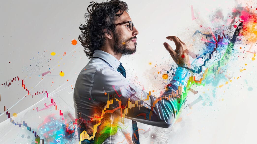 A businessman interacts with a vibrant, abstract chart representing growth