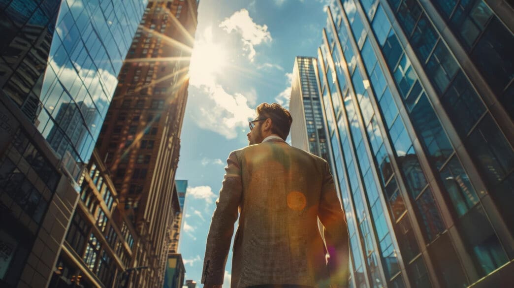 A man looks up at skyscrapers, symbolizing ambition and success