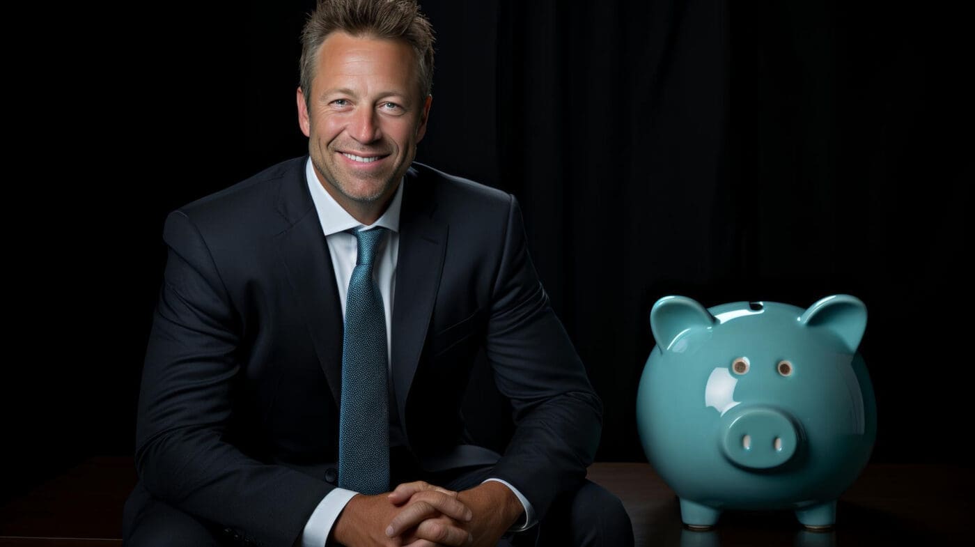 A man in a suit smiles next to a piggy bank