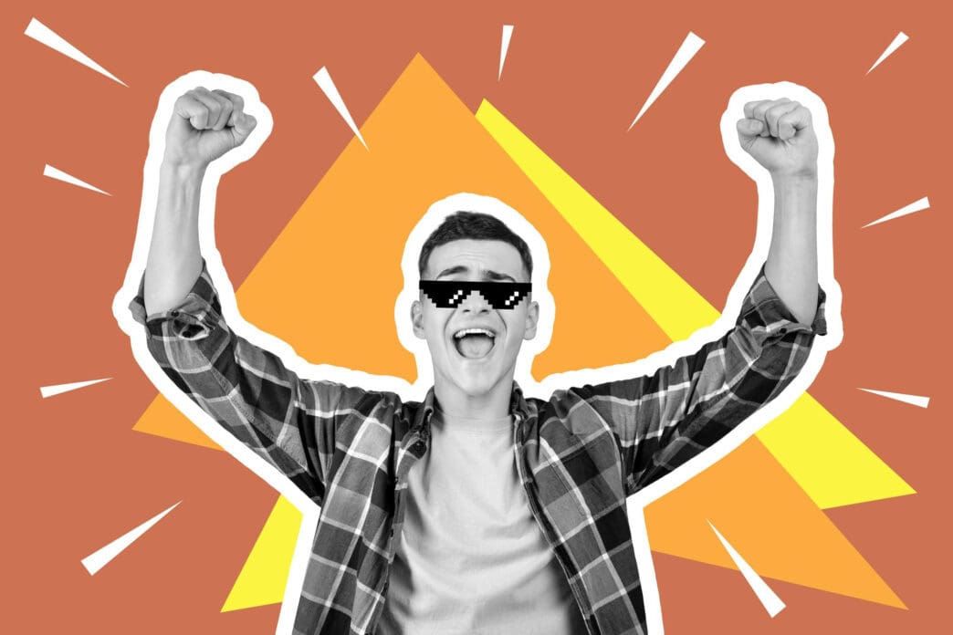 A young man in pixelated sunglasses celebrates with fists raised against a colorful background
