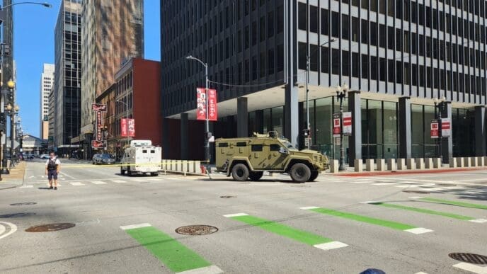 A Chicago Police Department Lenco armored vehicle blocks a downtown intersection during a lockdown