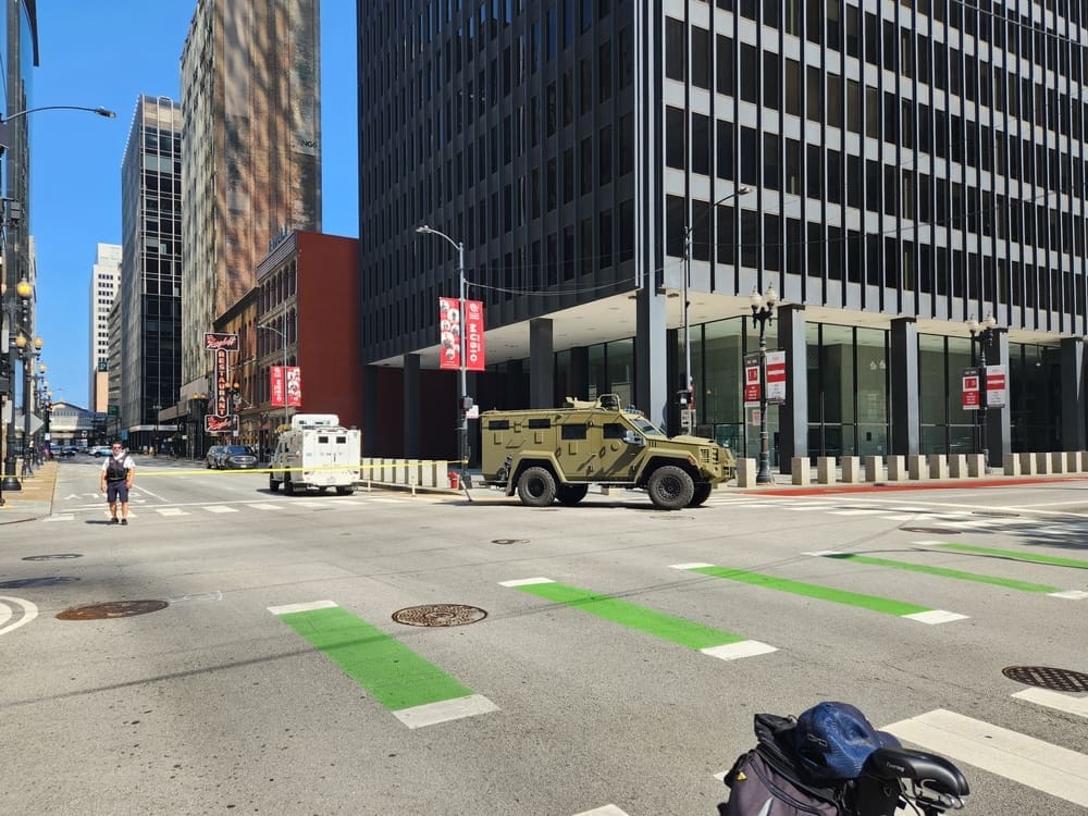 A Chicago Police Department Lenco armored vehicle blocks a downtown intersection during a lockdown