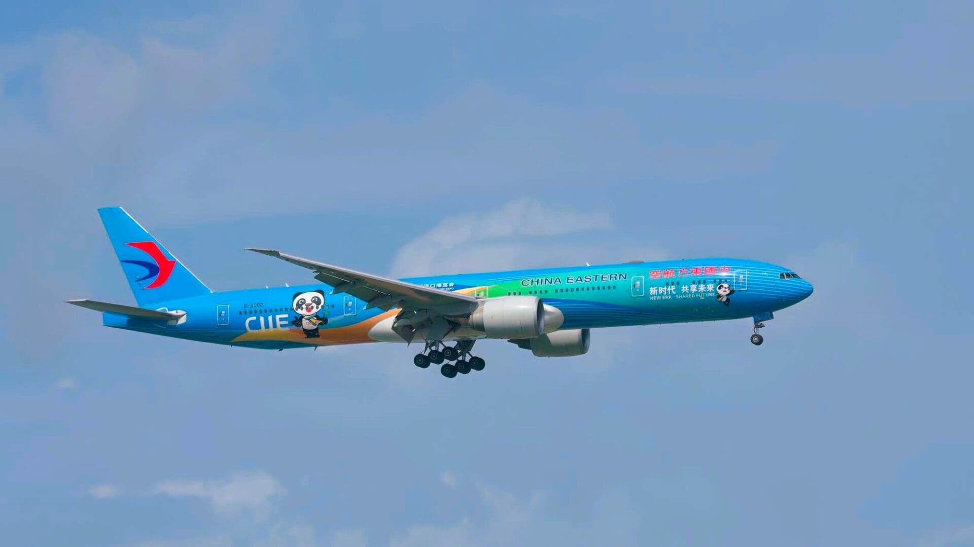 China Eastern Airlines Boeing 777 aircraft in flight with panda livery