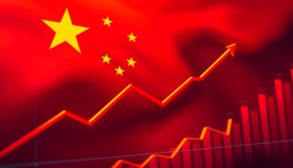 The flag of China with a financial chart showing an upward trend and growth