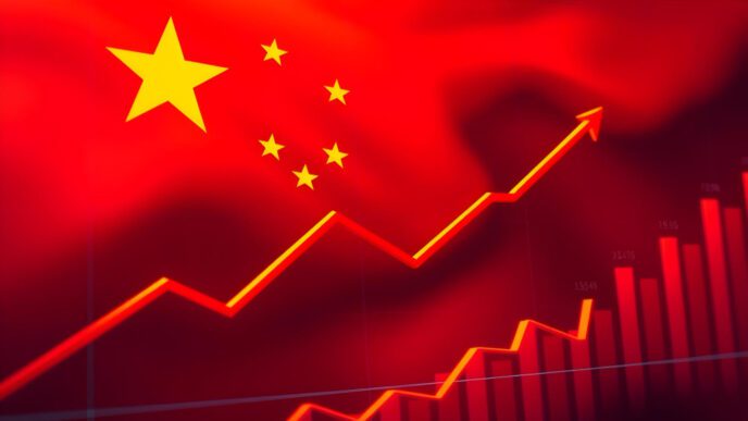 The flag of China with a financial chart showing an upward trend and growth