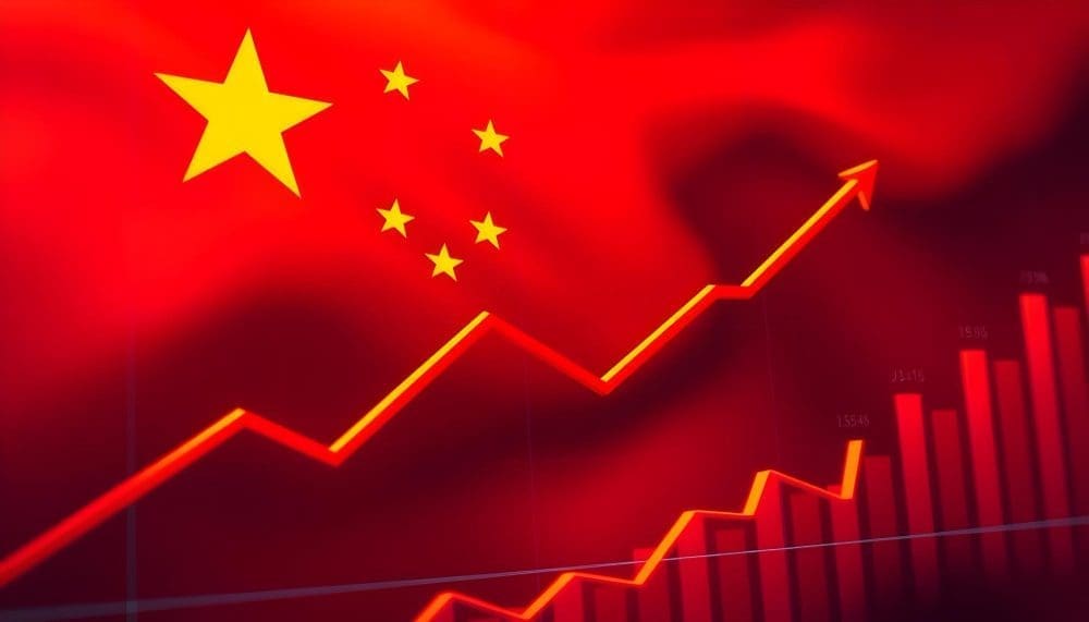 The flag of China with a financial chart showing an upward trend and growth