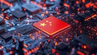 A red circuit board processor with the Chinese flag on it, surrounded by glowing lights