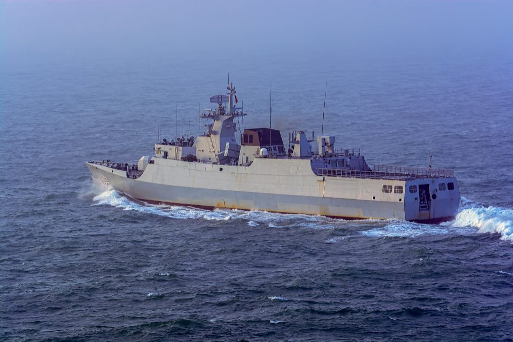 The Chinese People's Liberation Army Navy corvette "Zhuzhou" moves through choppy water