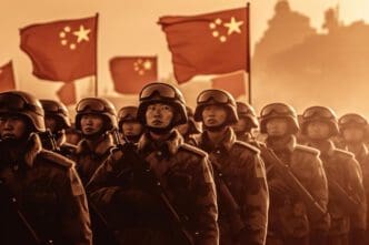 Chinese soldiers in military uniforms standing in formation with their flag in the background
