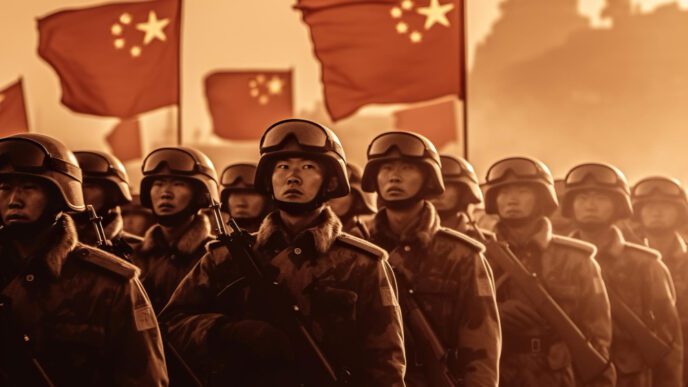 Chinese soldiers in military uniforms standing in formation with their flag in the background
