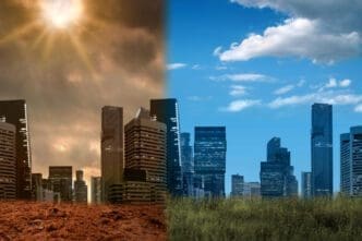 A composite image showing a city skyline in a polluted, drought-ridden landscape and a clean, healthy one
