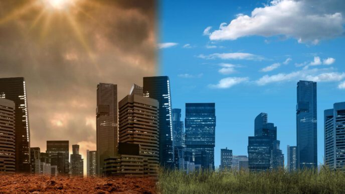 A composite image showing a city skyline in a polluted, drought-ridden landscape and a clean, healthy one
