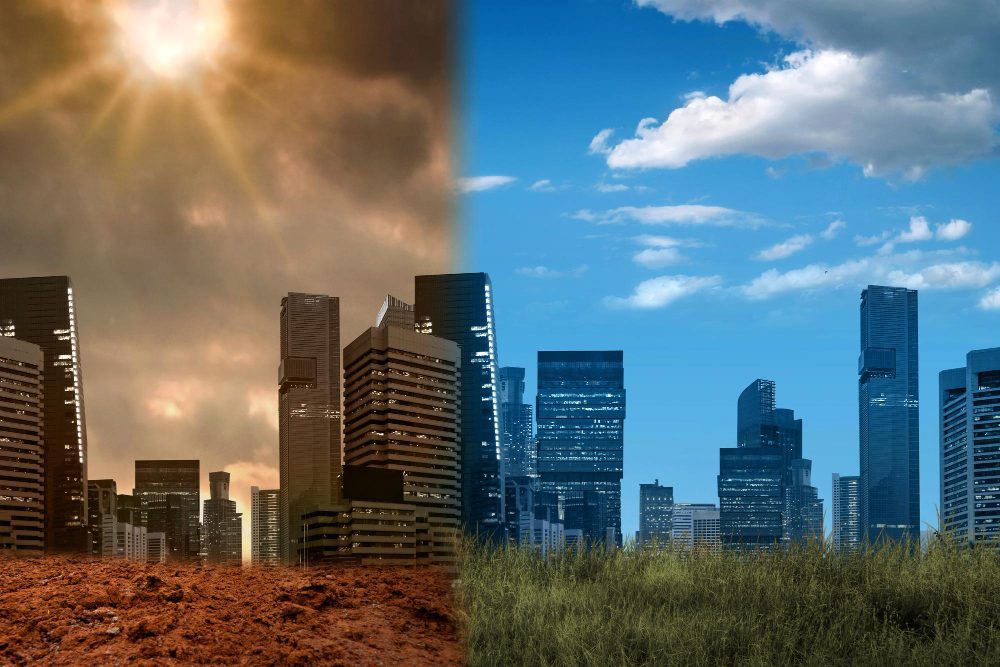 A composite image showing a city skyline in a polluted, drought-ridden landscape and a clean, healthy one
