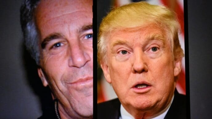 A conceptual image featuring a split screen portrait of Jeffrey Epstein on the left and U.S. President Donald Trump on the right