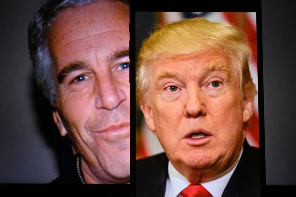 A conceptual image featuring a split screen portrait of Jeffrey Epstein on the left and U.S. President Donald Trump on the right