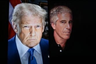 A conceptual editorial image featuring a split screen portrait of U.S. President Donald Trump and financier Jeffrey Epstein