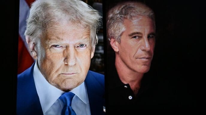 A conceptual editorial image featuring a split screen portrait of U.S. President Donald Trump and financier Jeffrey Epstein