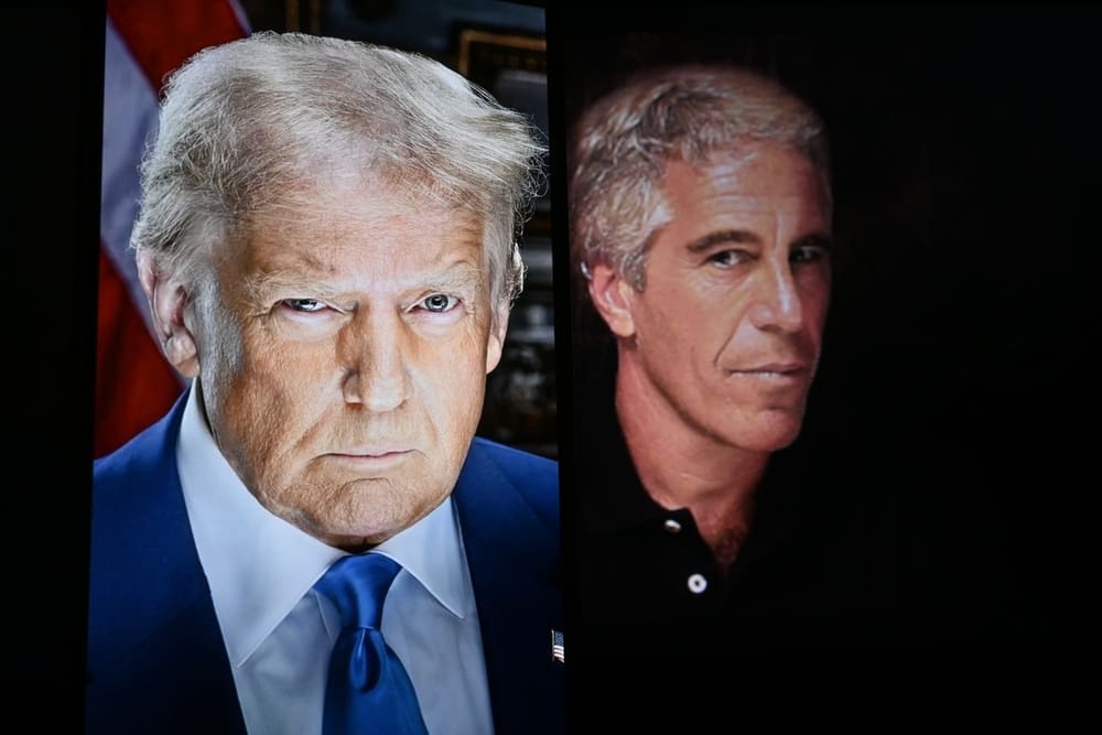 A conceptual editorial image featuring a split screen portrait of U.S. President Donald Trump and financier Jeffrey Epstein