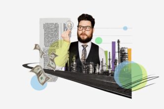 A digital collage of a businessman, an industrial plant, a financial chart, and flying dollar bills