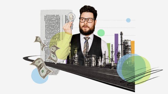 A digital collage of a businessman, an industrial plant, a financial chart, and flying dollar bills