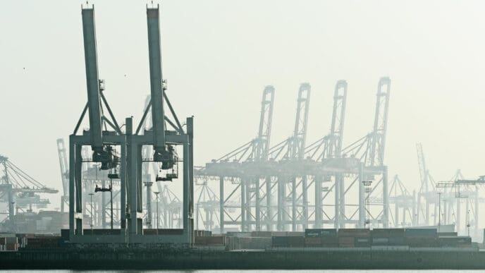 A line of immense cranes and stacked shipping containers are silhouetted in the haze of a large cargo port