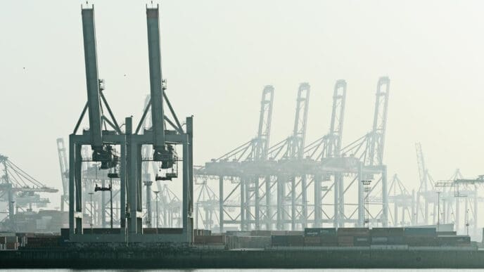 A line of immense cranes and stacked shipping containers are silhouetted in the haze of a large cargo port