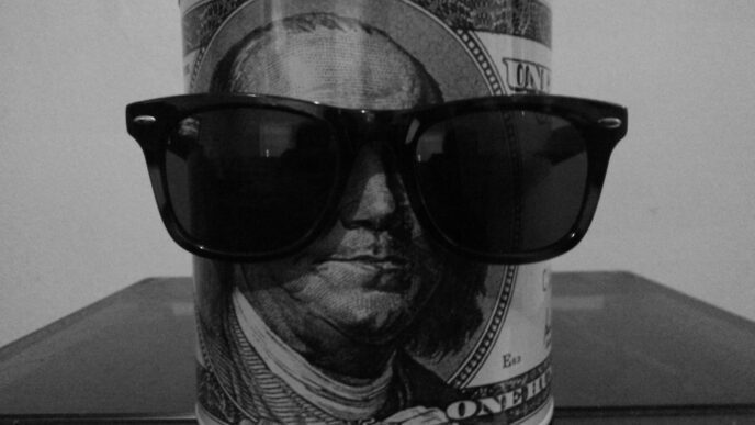 A black and white image of a canister with a Benjamin Franklin portrait wearing sunglasses