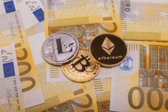 Three different cryptocurrency coins, Bitcoin, Ethereum, and Litecoin, on top of Euro banknotes