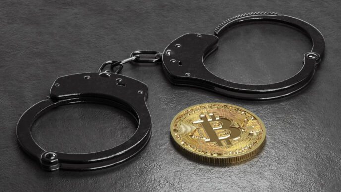 A pair of black handcuffs and a shiny golden Bitcoin coin on a dark, textured surface