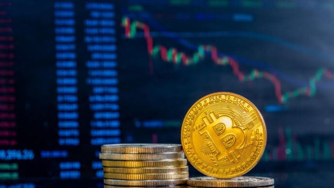 A physical Bitcoin coin and a stack of coins are shown in front of a blurred digital trading chart