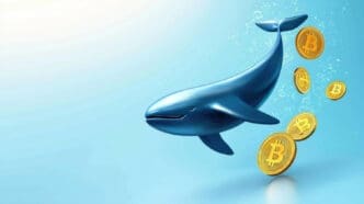 A large blue whale swims in light blue water next to a cluster of floating Bitcoin coins.