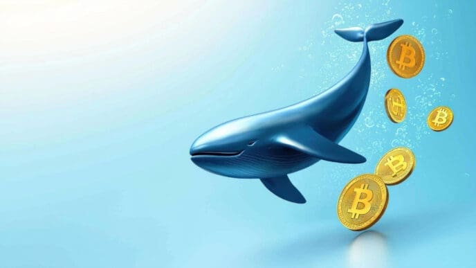 A large blue whale swims in light blue water next to a cluster of floating Bitcoin coins.