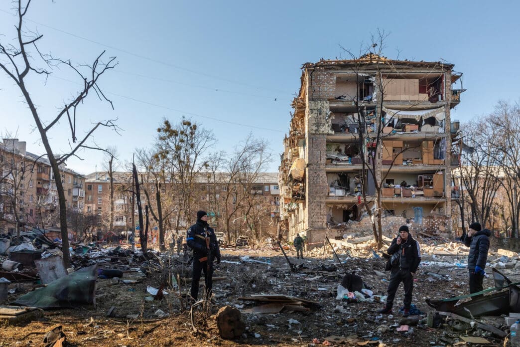 Damaged apartment building and debris in Kyiv, Ukraine after shelling