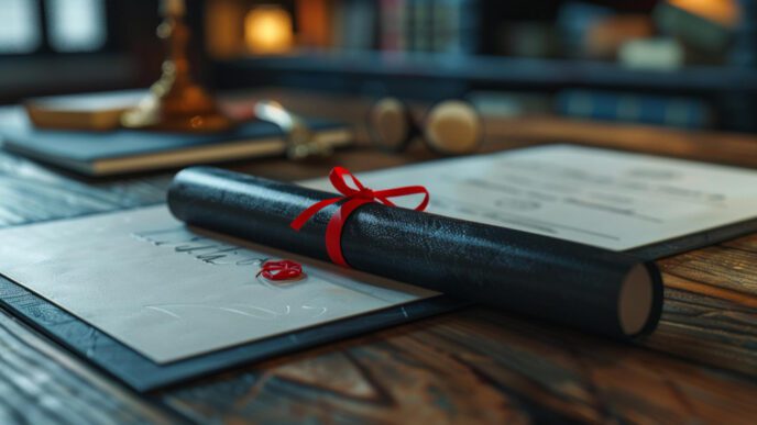 A rolled diploma with a red ribbon and a wax seal lying on a desk next to other papers