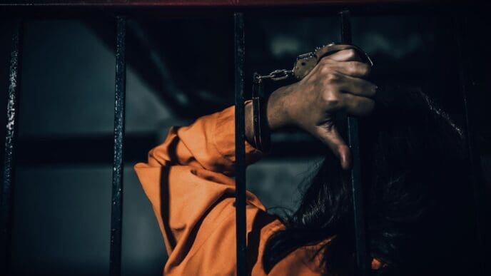A person in an orange jumpsuit with their cuffed hands clinging to the iron bars of a prison cell, conveying a feeling of despair