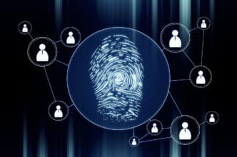 A digital fingerprint is connected to multiple user icons in a network