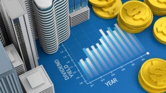 A 3D graph of dividend yield and real estate buildings with stacks of gold coins