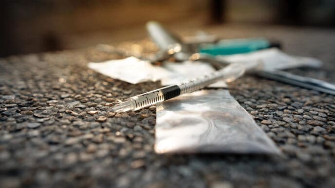 A syringe and a small bag of a white substance are shown on a rough surface, representing illegal drug use