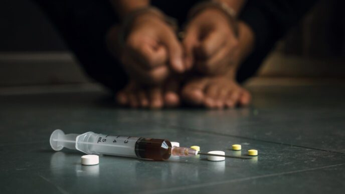 A syringe and pills on a floor, with a person in handcuffs blurred in the background