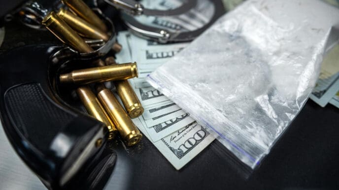 A collection of illegal items including a handgun, bullets, a bag of white powder, and cash on a dark surface