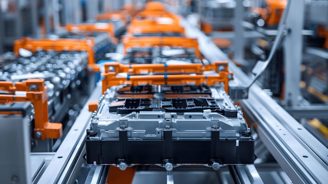 Electric vehicle battery packs on an assembly line in a factory