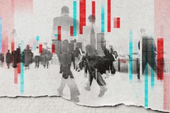 Blurred figures of people walking with overlayed red and blue bar charts