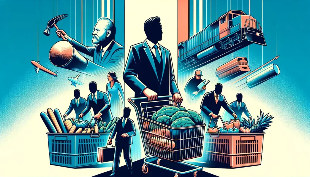 A stylized illustration shows a consumer with a grocery cart surrounded by symbols of industry and trade, representing the impact of economic policy