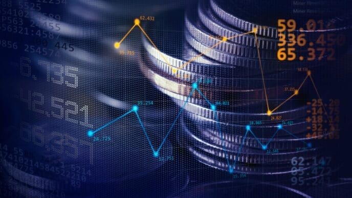 A double-exposure image combines a stack of coins with a digital financial graph and data, representing economic trends