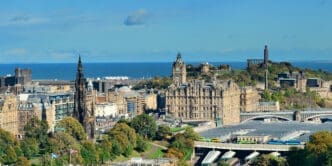 Panoramic view of Edinburgh with Scott Monument and Calton Hill
