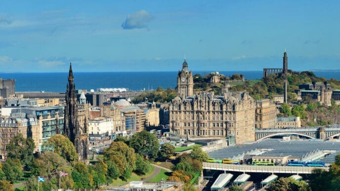 Panoramic view of Edinburgh with Scott Monument and Calton Hill