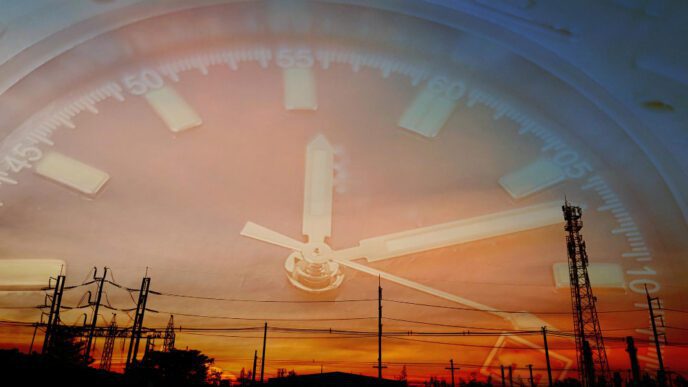 A double exposure of a clock face and a power plant at sunset, symbolizing an energy crisis
