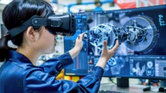 An engineer uses VR to interact with a 3D model of a complex mechanism