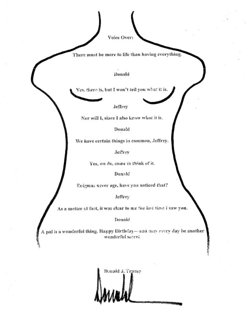 A black and white line drawing of a woman's torso contains a dialogue between "Donald" and "Jeffrey," and is signed by Donald J. Trump