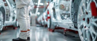 European automotive technicians inspecting the wheels and chassis of new cars on an assembly line